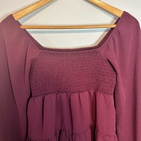 Paper Crane Maroon Smocked Baby Doll Long Sleeve Blouse - Picture 3 of 6